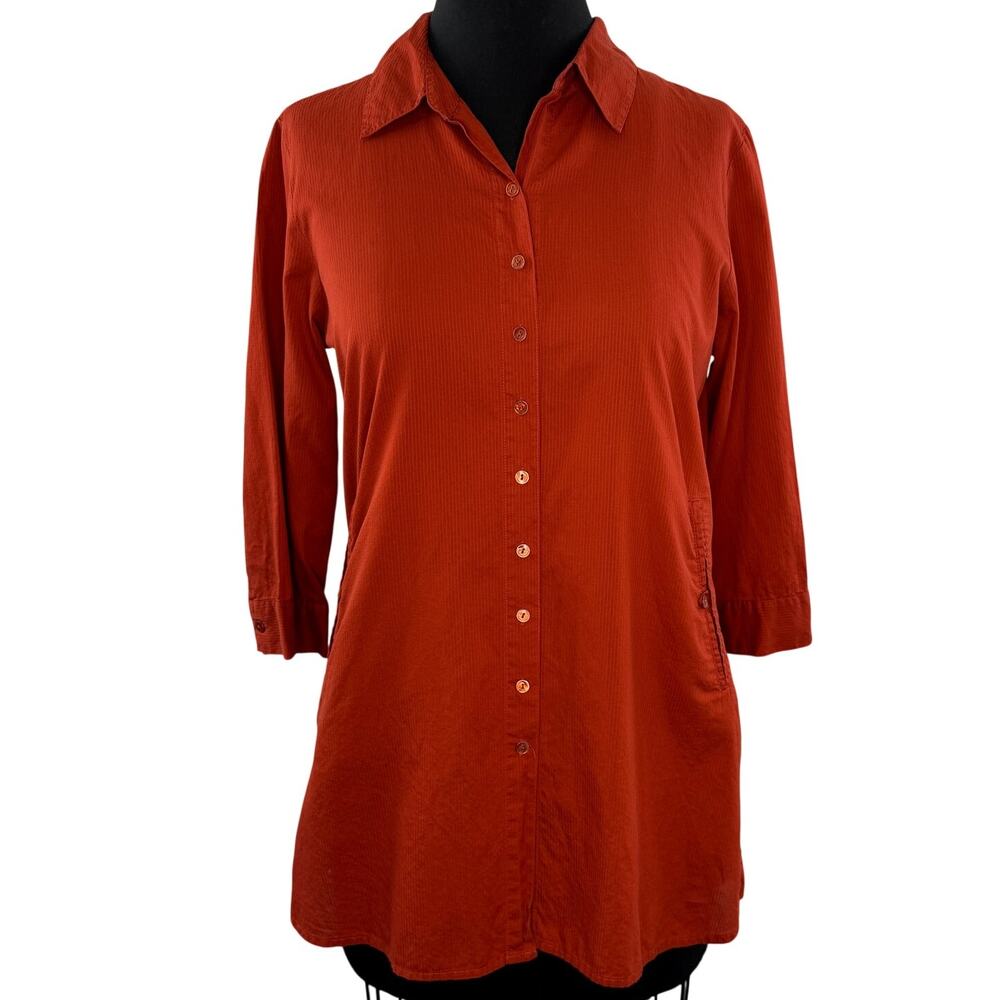 EILEEN FISHER Orange Shirt Cotton Collared 3/4 Sleeve Casual Button-Up S Small